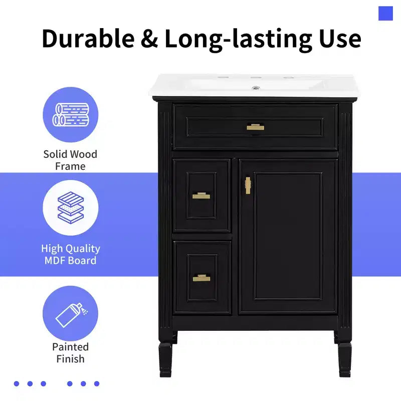 GDFStudio Crystal 24 Solid Wood Bathroom Vanity with Sink and Adjustable Shelf