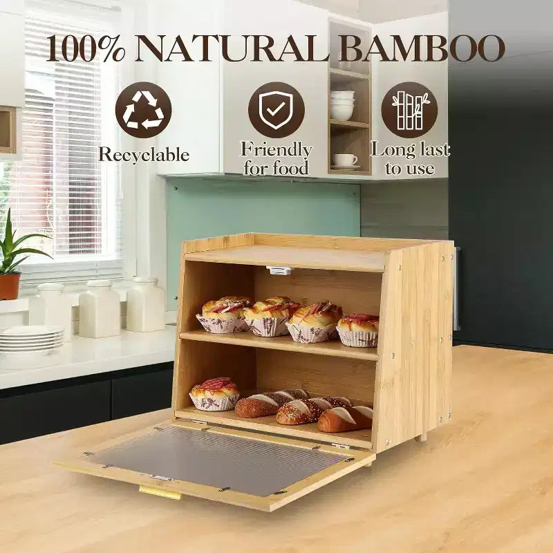 2-Layer Bamboo Bread Box with Acrylic Door Bread Storage Container for Kitchen Countertop Organizing Baguettes Pastries & Baked Goods