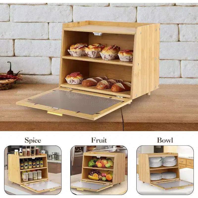 2-Layer Bamboo Bread Box with Acrylic Door Bread Storage Container for Kitchen Countertop Organizing Baguettes Pastries & Baked Goods