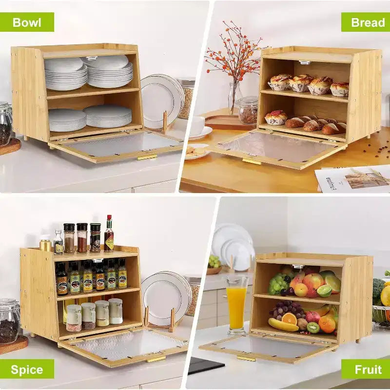 2-Layer Bamboo Bread Box with Acrylic Door Bread Storage Container for Kitchen Countertop Organizing Baguettes Pastries & Baked Goods