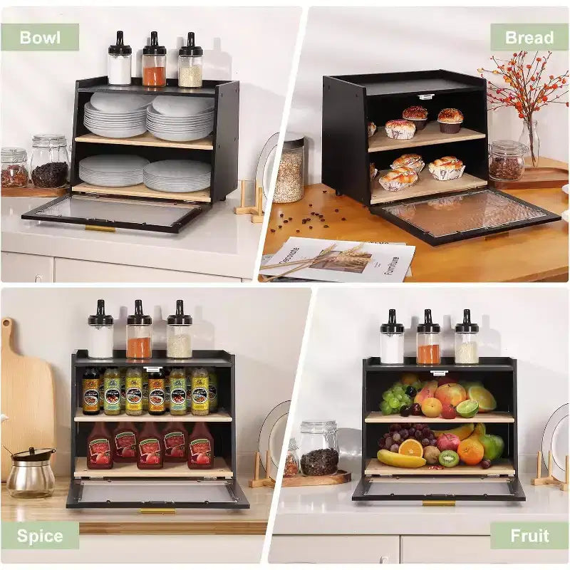 2-Layer Bamboo Bread Box with Acrylic Door Bread Storage Container for Kitchen Countertop Organizing Baguettes Pastries & Baked Goods