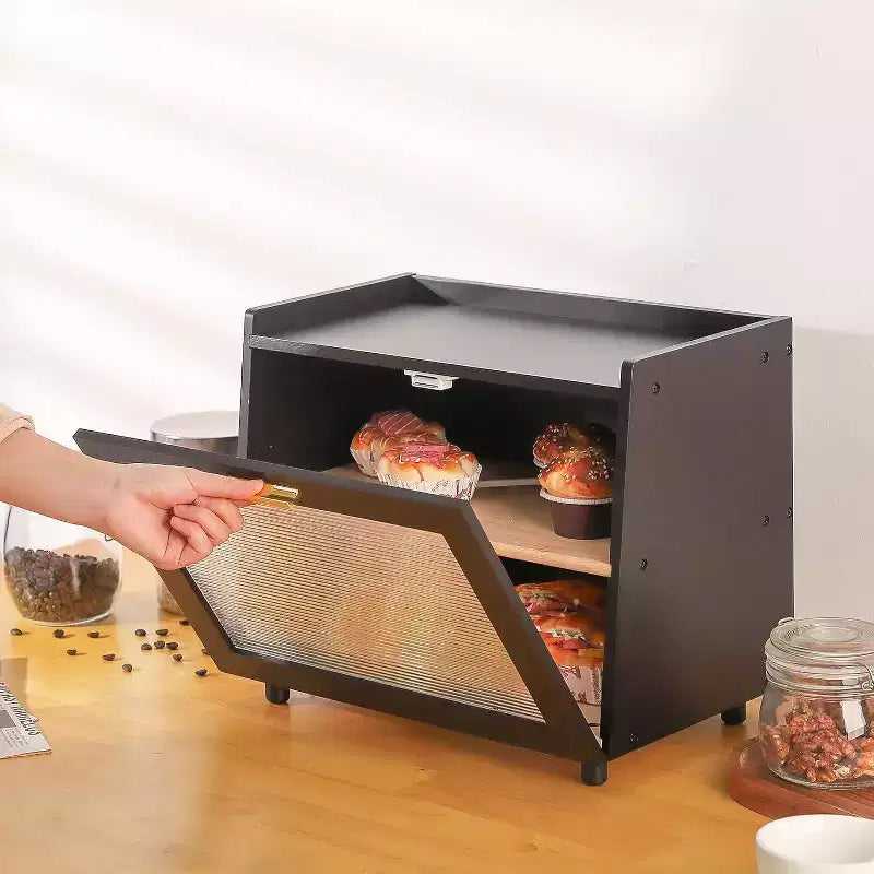2-Layer Bamboo Bread Box with Acrylic Door Bread Storage Container for Kitchen Countertop Organizing Baguettes Pastries & Baked Goods