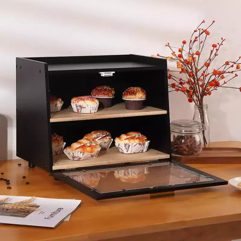 2-Layer Bamboo Bread Box with Acrylic Door Bread Storage Container for Kitchen Countertop Organizing Baguettes Pastries & Baked Goods