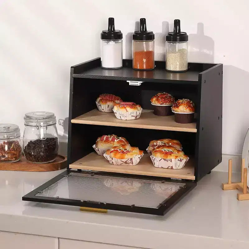 2-Layer Bamboo Bread Box with Acrylic Door Bread Storage Container for Kitchen Countertop Organizing Baguettes Pastries & Baked Goods
