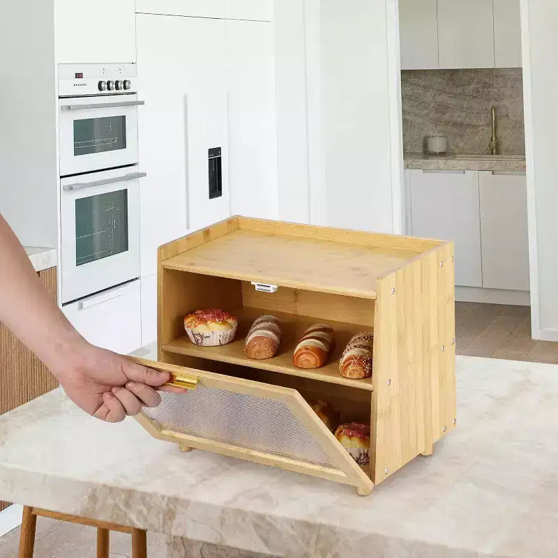 2-Layer Bamboo Bread Box with Acrylic Door Bread Storage Container for Kitchen Countertop Organizing Baguettes Pastries & Baked Goods