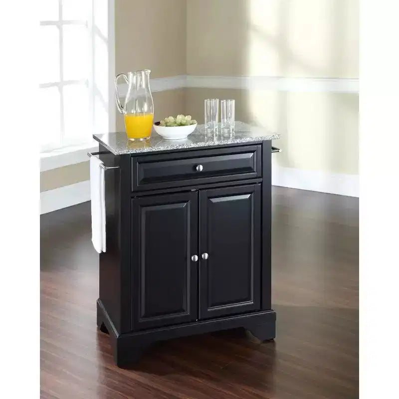 HomeStock Lafayette Granite Top Small Portable Rolling Kitchen Island Storage Cart Microwave Stand Black