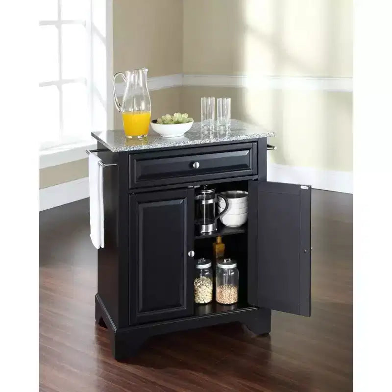 HomeStock Lafayette Granite Top Small Portable Rolling Kitchen Island Storage Cart Microwave Stand Black