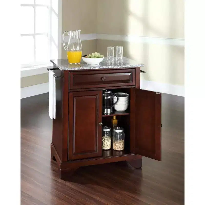 HomeStock Lafayette Granite Top Small Portable Rolling Kitchen Island Storage Cart Microwave Stand Black