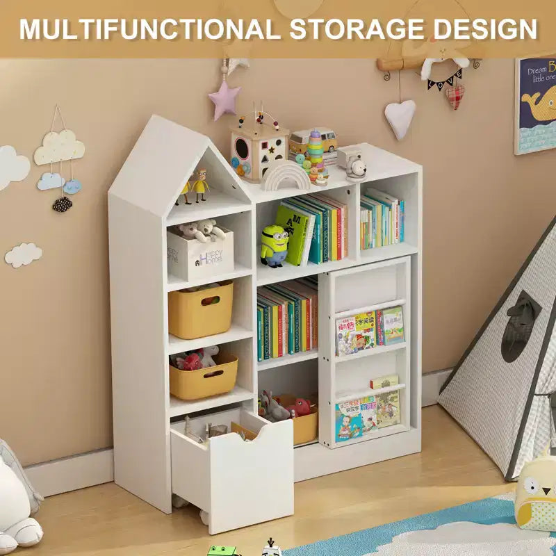 Kids Bookshelf with Movable Drawer 7 Storage Cubbies Bookcase Kids Storage Organizer Cabinet for Playroom Nursery Classroom