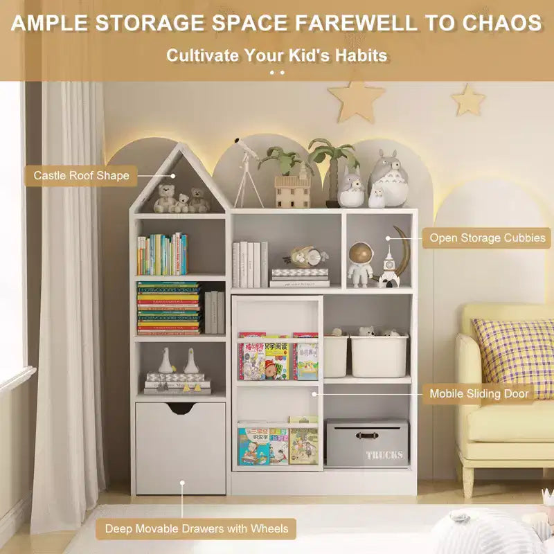 Kids Bookshelf with Movable Drawer 7 Storage Cubbies Bookcase Kids Storage Organizer Cabinet for Playroom Nursery Classroom