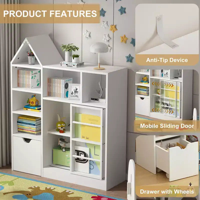 Kids Bookshelf with Movable Drawer 7 Storage Cubbies Bookcase Kids Storage Organizer Cabinet for Playroom Nursery Classroom
