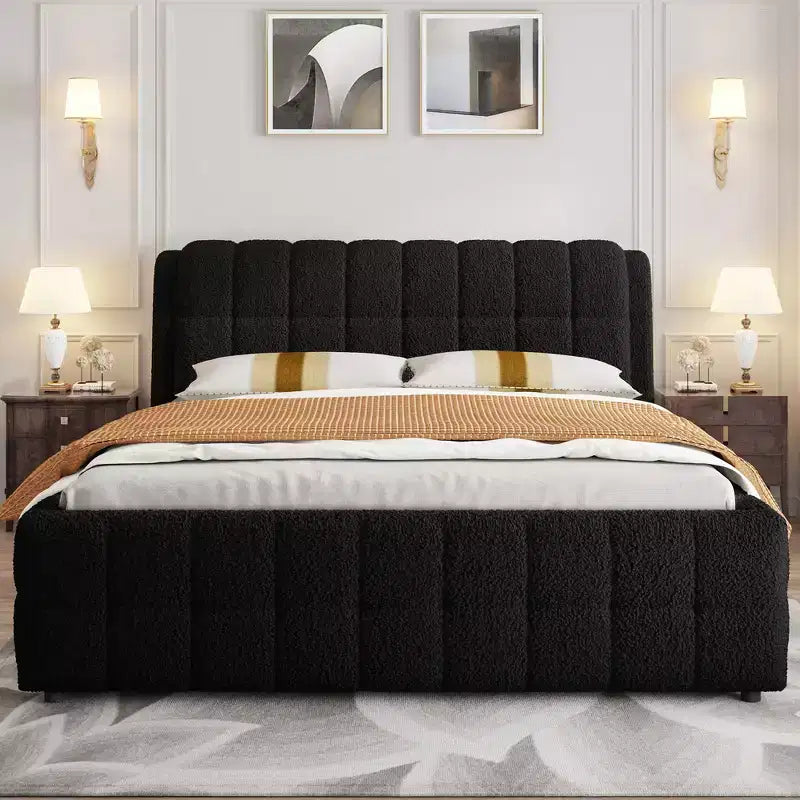 GDFStudio Morrison California King Size Upholstered Platform Bed with Headboard and Berber Fleece Frame