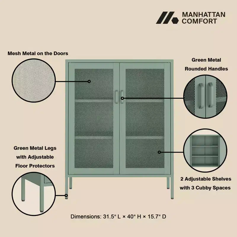 GDFStudio Rosalla Modern Metal Accent Cabinet with Mesh Doors and Adjustable Shelves