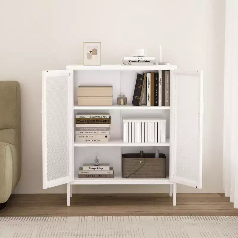 GDFStudio Rosalla Modern Metal Accent Cabinet with Mesh Doors and Adjustable Shelves