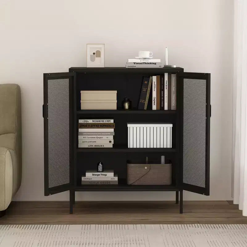 GDFStudio Rosalla Modern Metal Accent Cabinet with Mesh Doors and Adjustable Shelves