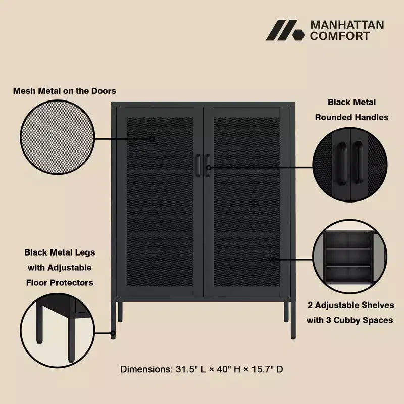 GDFStudio Rosalla Modern Metal Accent Cabinet with Mesh Doors and Adjustable Shelves