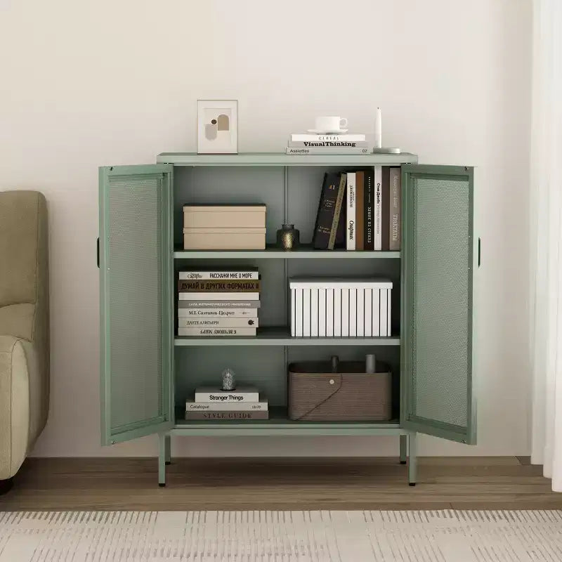 GDFStudio Rosalla Modern Metal Accent Cabinet with Mesh Doors and Adjustable Shelves