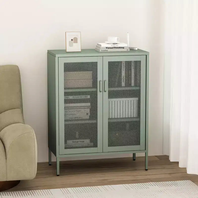 GDFStudio Rosalla Modern Metal Accent Cabinet with Mesh Doors and Adjustable Shelves