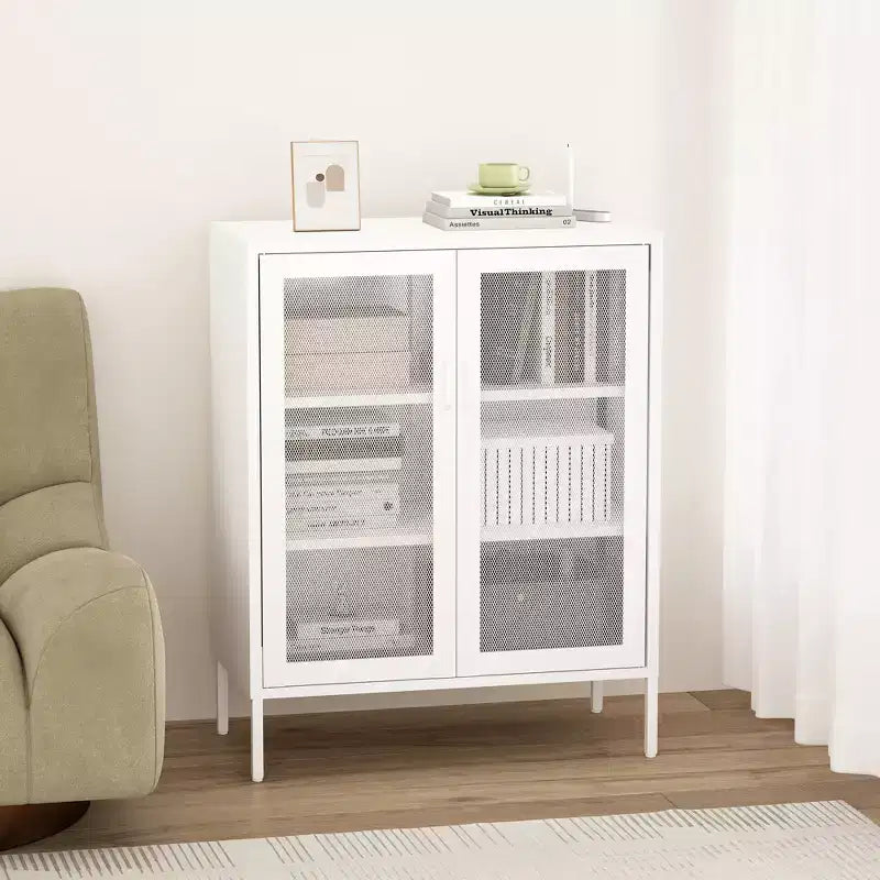 GDFStudio Rosalla Modern Metal Accent Cabinet with Mesh Doors and Adjustable Shelves