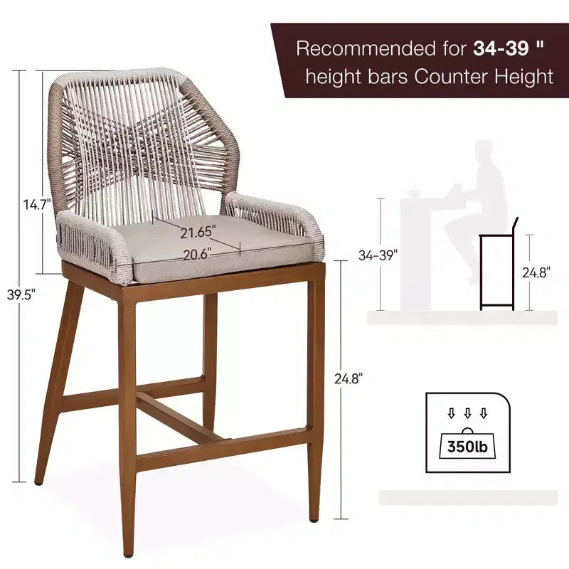 Counter Height Bar Stools Set of 2 Rattan Woven Barstools with Back and Arms