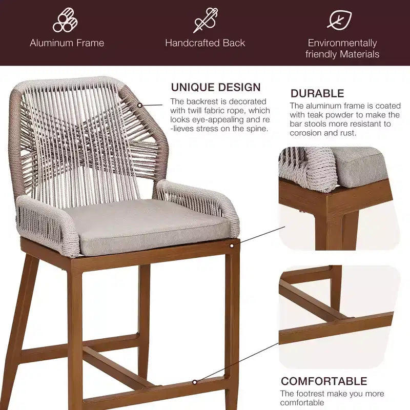 Counter Height Bar Stools Set of 2 Rattan Woven Barstools with Back and Arms