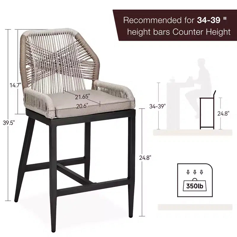 Counter Height Bar Stools Set of 2 Rattan Woven Barstools with Back and Arms