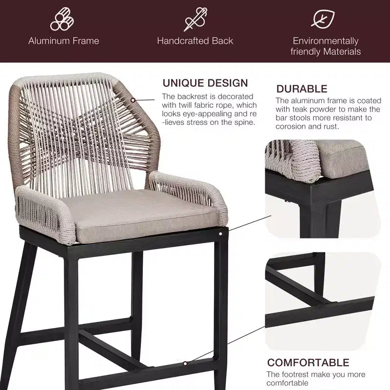 Counter Height Bar Stools Set of 2 Rattan Woven Barstools with Back and Arms