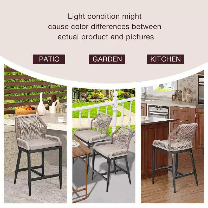 Counter Height Bar Stools Set of 2 Rattan Woven Barstools with Back and Arms