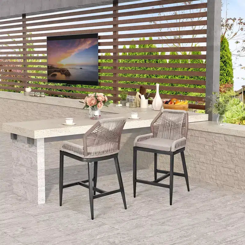 Counter Height Bar Stools Set of 2 Rattan Woven Barstools with Back and Arms