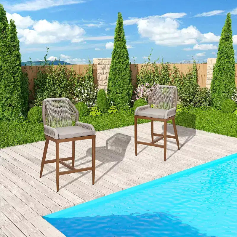 Counter Height Bar Stools Set of 2 Rattan Woven Barstools with Back and Arms