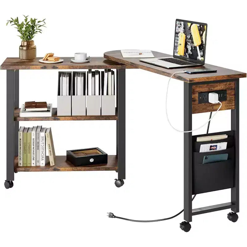 Sofa Table 360Rotating Tabletop End Table 2-Tier Side Table with Charging Station and Side Storage Pocket for Living Room Bedroom & Entryway