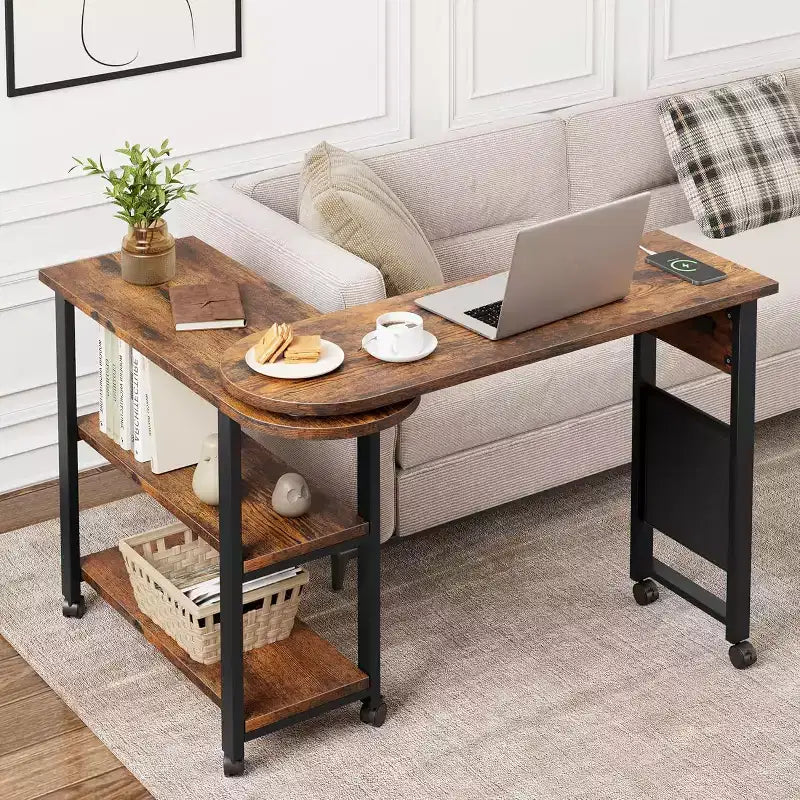 Sofa Table 360Rotating Tabletop End Table 2-Tier Side Table with Charging Station and Side Storage Pocket for Living Room Bedroom & Entryway