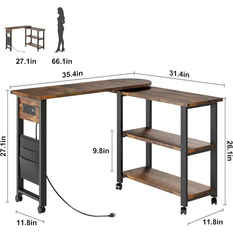 Sofa Table 360Rotating Tabletop End Table 2-Tier Side Table with Charging Station and Side Storage Pocket for Living Room Bedroom & Entryway