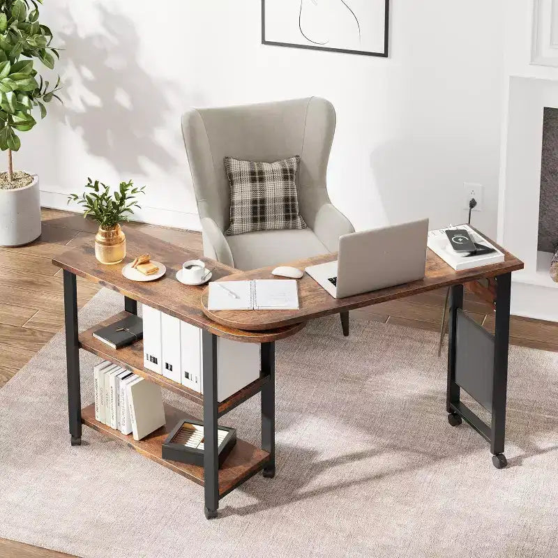 Sofa Table 360Rotating Tabletop End Table 2-Tier Side Table with Charging Station and Side Storage Pocket for Living Room Bedroom & Entryway