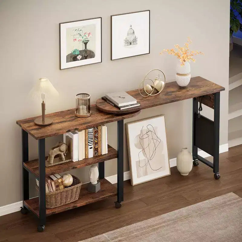 Sofa Table 360Rotating Tabletop End Table 2-Tier Side Table with Charging Station and Side Storage Pocket for Living Room Bedroom & Entryway