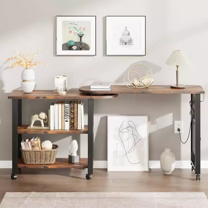 Sofa Table 360Rotating Tabletop End Table 2-Tier Side Table with Charging Station and Side Storage Pocket for Living Room Bedroom & Entryway