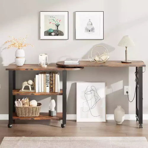 Sofa Table 360Rotating Tabletop End Table 2-Tier Side Table with Charging Station and Side Storage Pocket for Living Room Bedroom & Entryway