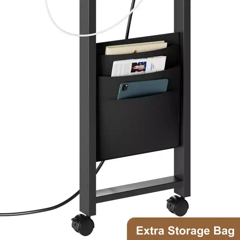 Sofa Table 360Rotating Tabletop End Table 2-Tier Side Table with Charging Station and Side Storage Pocket for Living Room Bedroom & Entryway