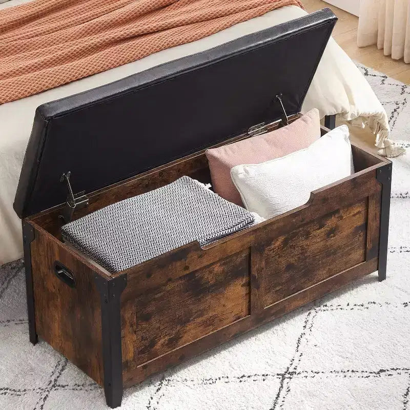 Storage Bench Retro Wooden Storage Chest with 2 Safety Hinges Loads 300 lb Storage Ottoman Bench for Bedroom Living Room Rustic