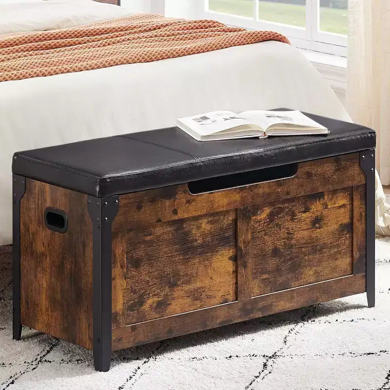 Storage Bench Retro Wooden Storage Chest with 2 Safety Hinges Loads 300 lb Storage Ottoman Bench for Bedroom Living Room Rustic