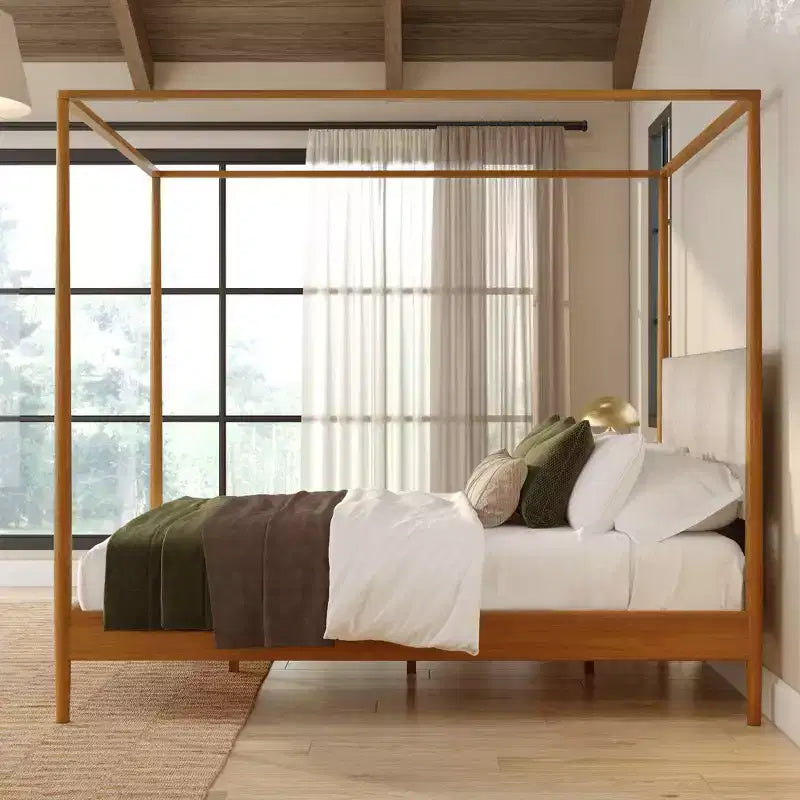 Harbor Queen Canopy Bed with Upholstered Headboard Blonde/ Swiss Coffee (MD2411-01)