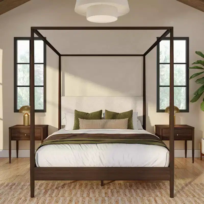 Harbor Queen Canopy Bed with Upholstered Headboard Blonde/ Swiss Coffee (MD2411-01)