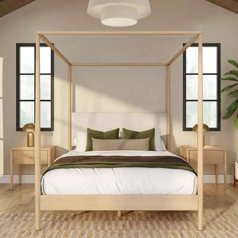 Harbor Queen Canopy Bed with Upholstered Headboard Blonde/ Swiss Coffee (MD2411-01)