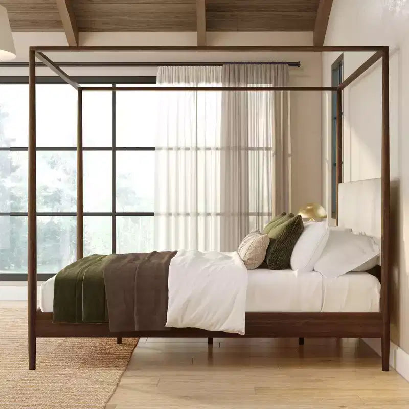 Harbor Queen Canopy Bed with Upholstered Headboard Blonde/ Swiss Coffee (MD2411-01)