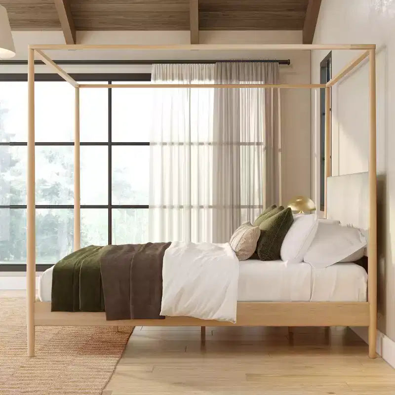 Harbor Queen Canopy Bed with Upholstered Headboard Blonde/ Swiss Coffee (MD2411-01)