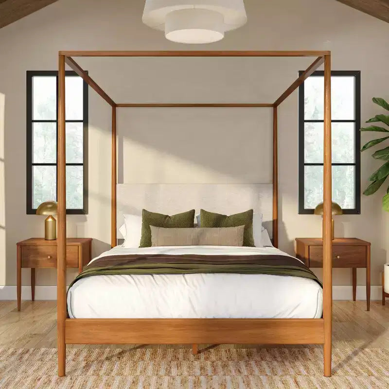 Harbor Queen Canopy Bed with Upholstered Headboard Blonde/ Swiss Coffee (MD2411-01)