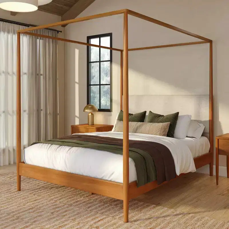 Harbor Queen Canopy Bed with Upholstered Headboard Blonde/ Swiss Coffee (MD2411-01)