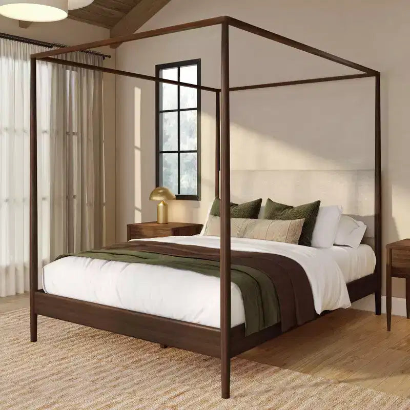 Harbor Queen Canopy Bed with Upholstered Headboard Blonde/ Swiss Coffee (MD2411-01)