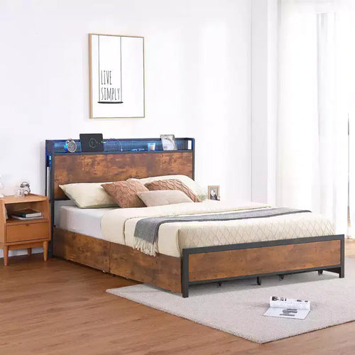 Queen Bed Frame 4 Drawers and Storage Headboard Metal Platform Bed Easy Assembly No Box Spring Needed