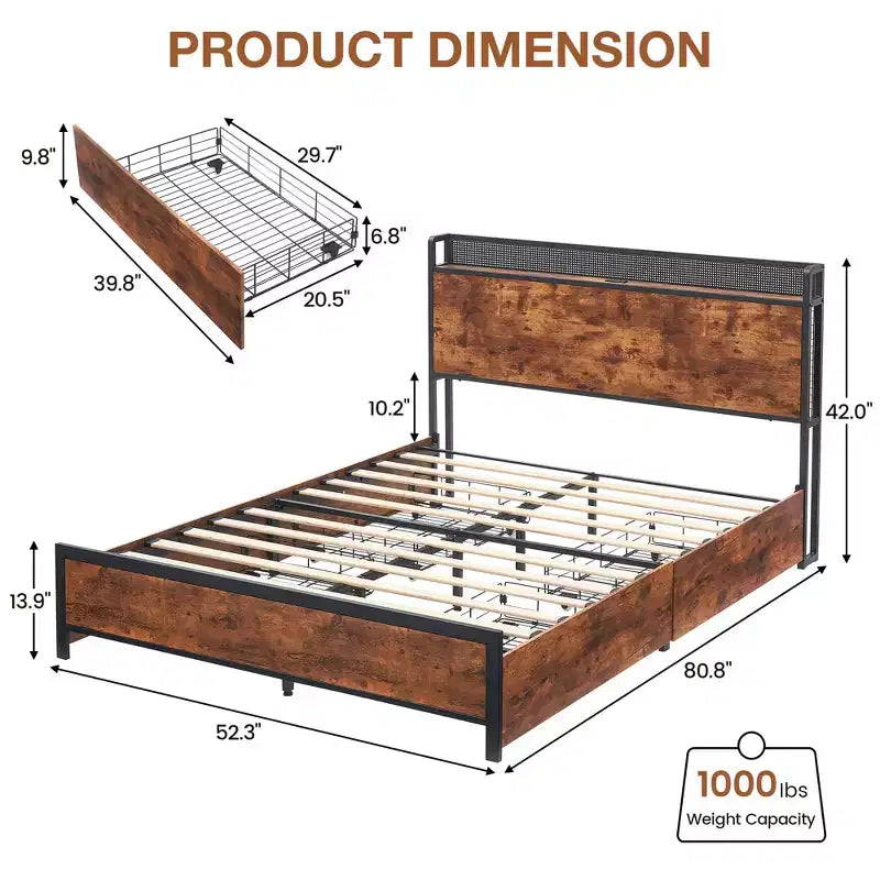 Queen Bed Frame 4 Drawers and Storage Headboard Metal Platform Bed Easy Assembly No Box Spring Needed